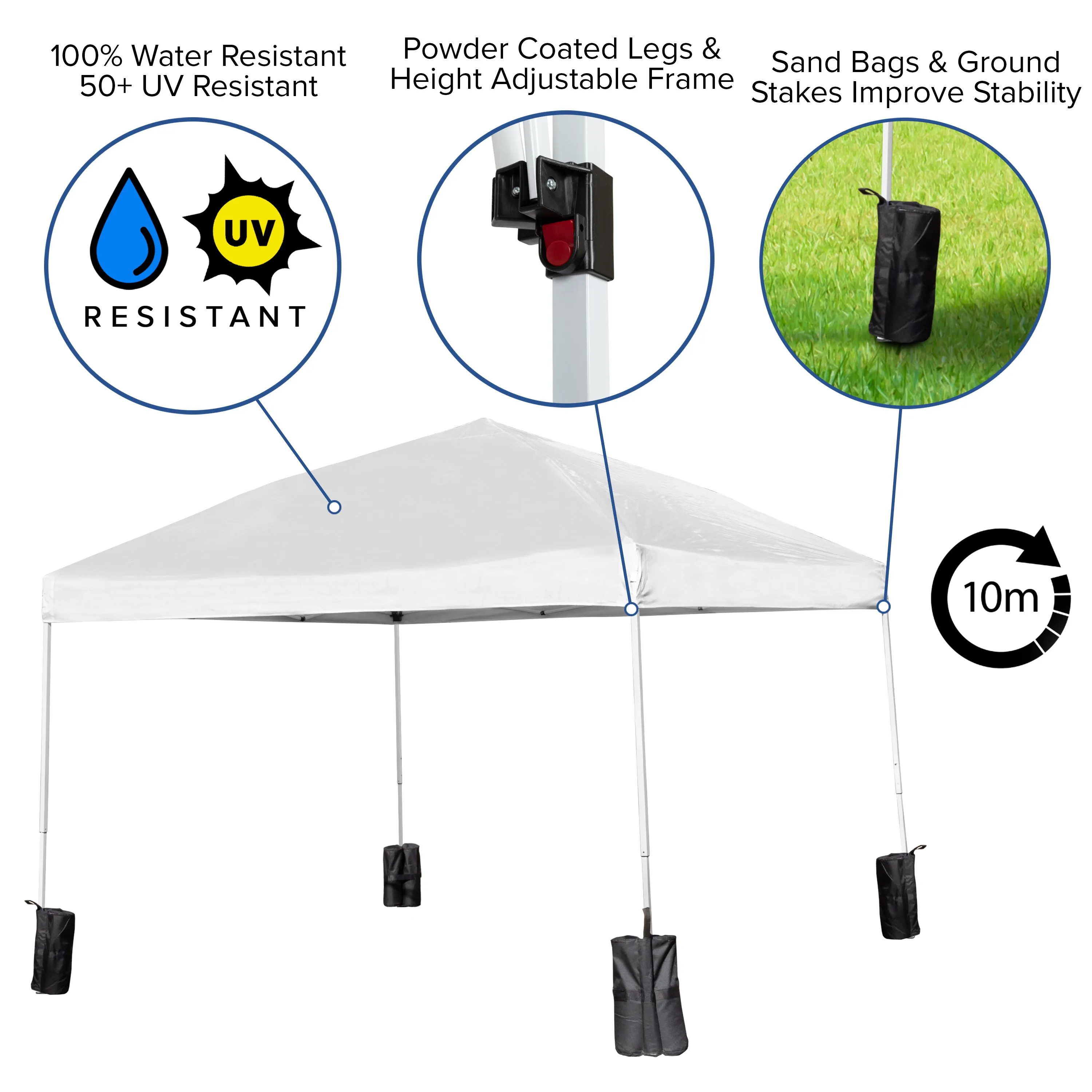 Allyson 10'x10' White Pop Up Event Straight Leg Canopy Tent w/Sandbags and Wheeled Case