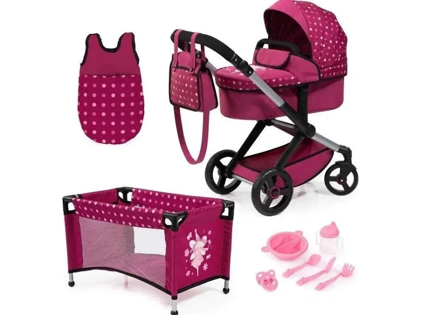 Bayer Xeo Doll's Stroller, Crib, Sleeping Bag Pink With Accessories 17067Ab