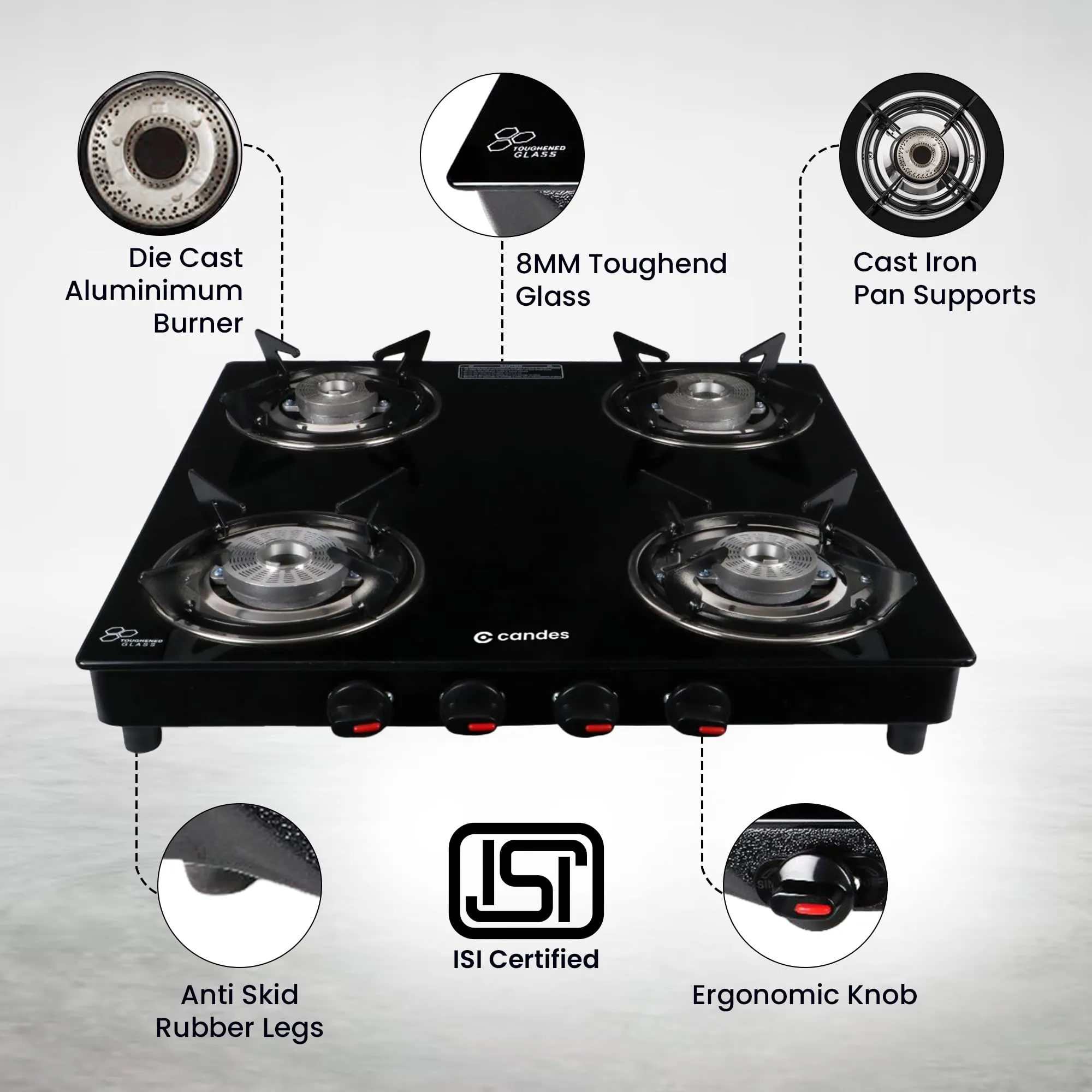 Candes Glass 4 Burner Gas Stove With Premium Gas Saver Tornado Burner | Manual Ignition With 6 mm Toughened Glass Top | LPG Gas Stove | ISI Certified | 1 Yr Warranty