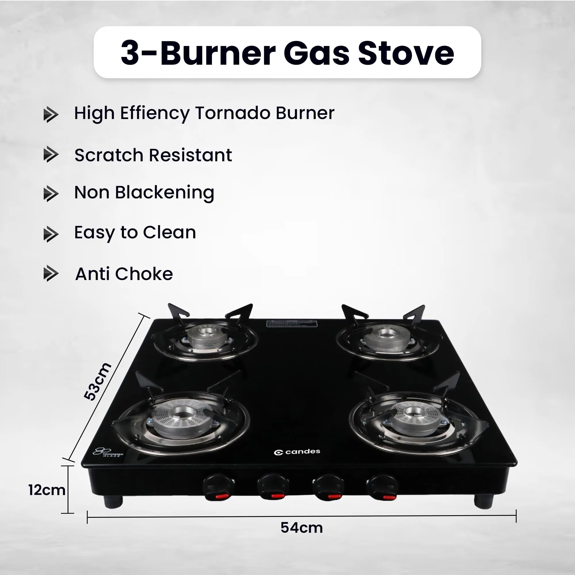 Candes Glass 4 Burner Gas Stove With Premium Gas Saver Tornado Burner | Manual Ignition With 6 mm Toughened Glass Top | LPG Gas Stove | ISI Certified | 1 Yr Warranty