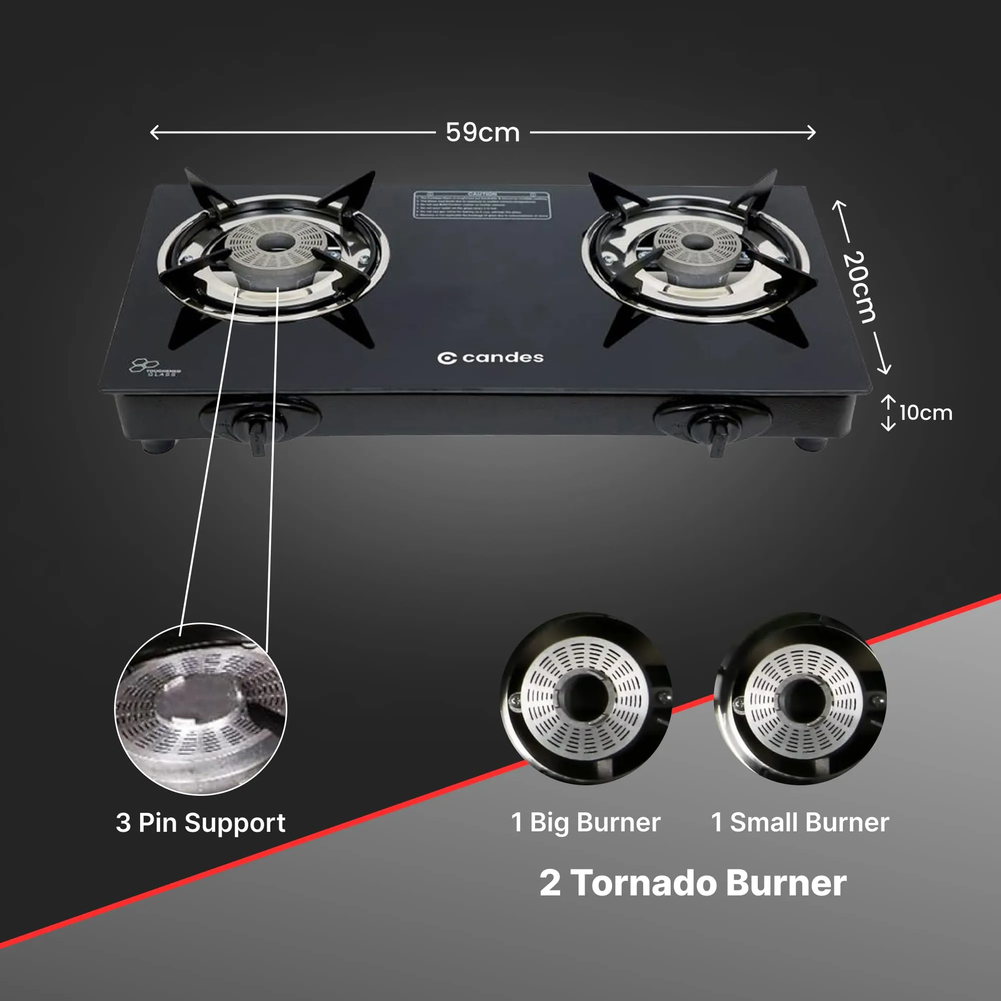 Candes Glass Automatic Gas Stove 2 Burners With Premium Die Cast Alloy | Tornado Burner | 6 mm Toughened Glass Top | Nylon Knob | LPG Compatible | ISI Certified | 1 Yr Warranty | Black