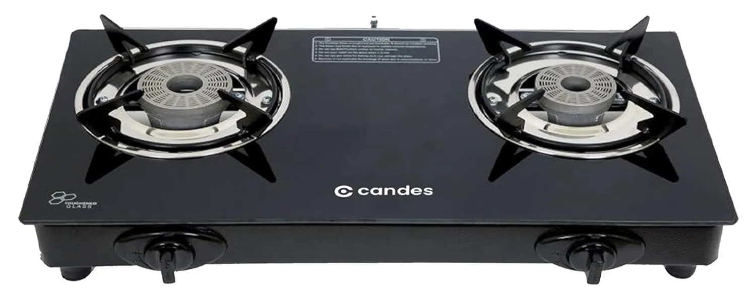 Candes Glass Automatic Gas Stove 2 Burners With Premium Die Cast Alloy | Tornado Burner | 6 mm Toughened Glass Top | Nylon Knob | LPG Compatible | ISI Certified | 1 Yr Warranty | Black