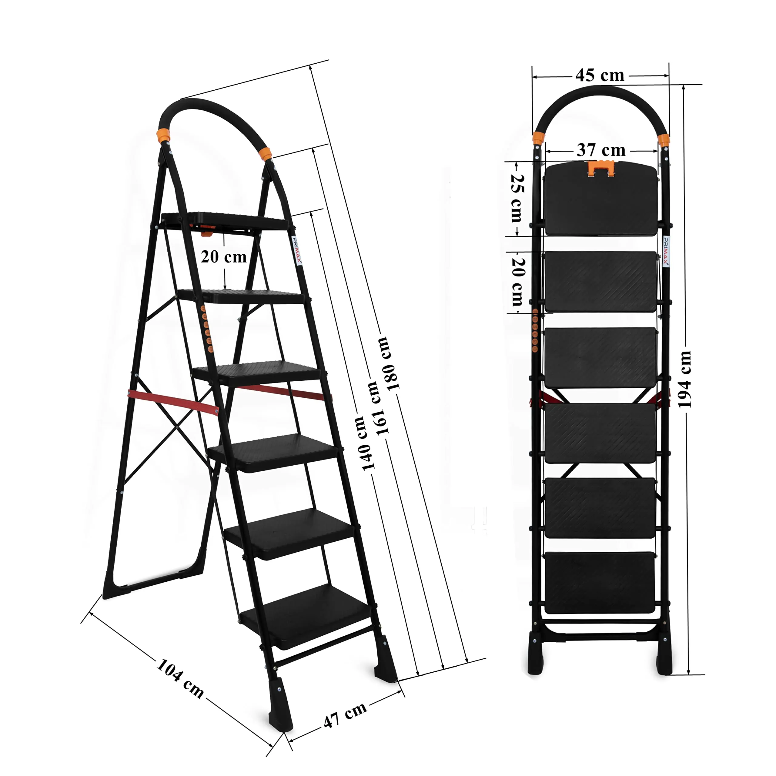 Primax 6-Step Foldable Ladder with Safety-Clutch Lock and Ribbed Steps/Step Ladder/GI Steel Ladder for Home(Primo-Black&Orange)