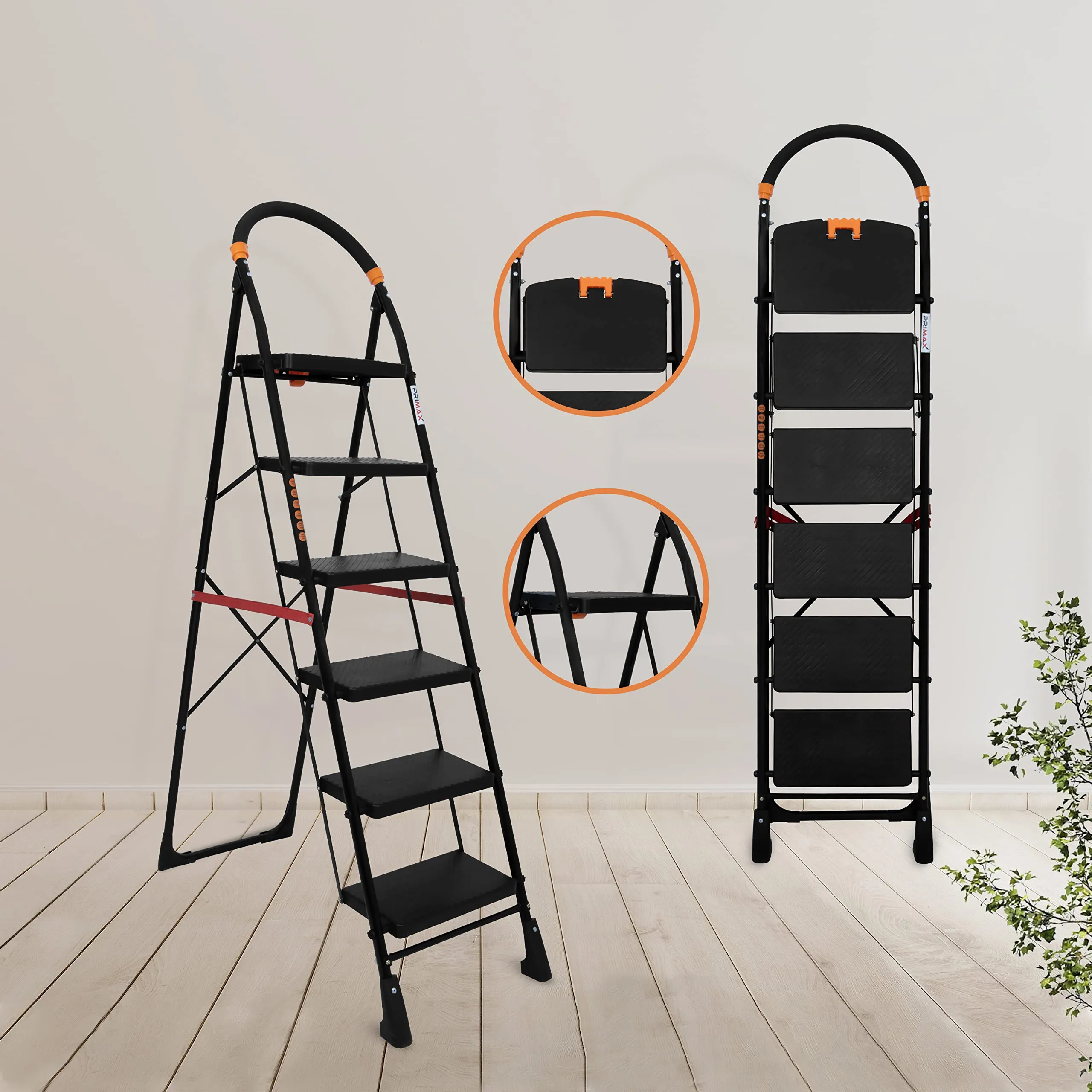 Primax 6-Step Foldable Ladder with Safety-Clutch Lock and Ribbed Steps/Step Ladder/GI Steel Ladder for Home(Primo-Black&Orange)