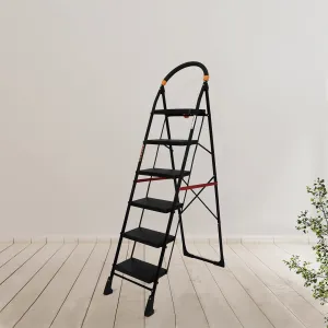 Primax 6-Step Foldable Ladder with Safety-Clutch Lock and Ribbed Steps/Step Ladder/GI Steel Ladder for Home(Primo-Black&Orange)