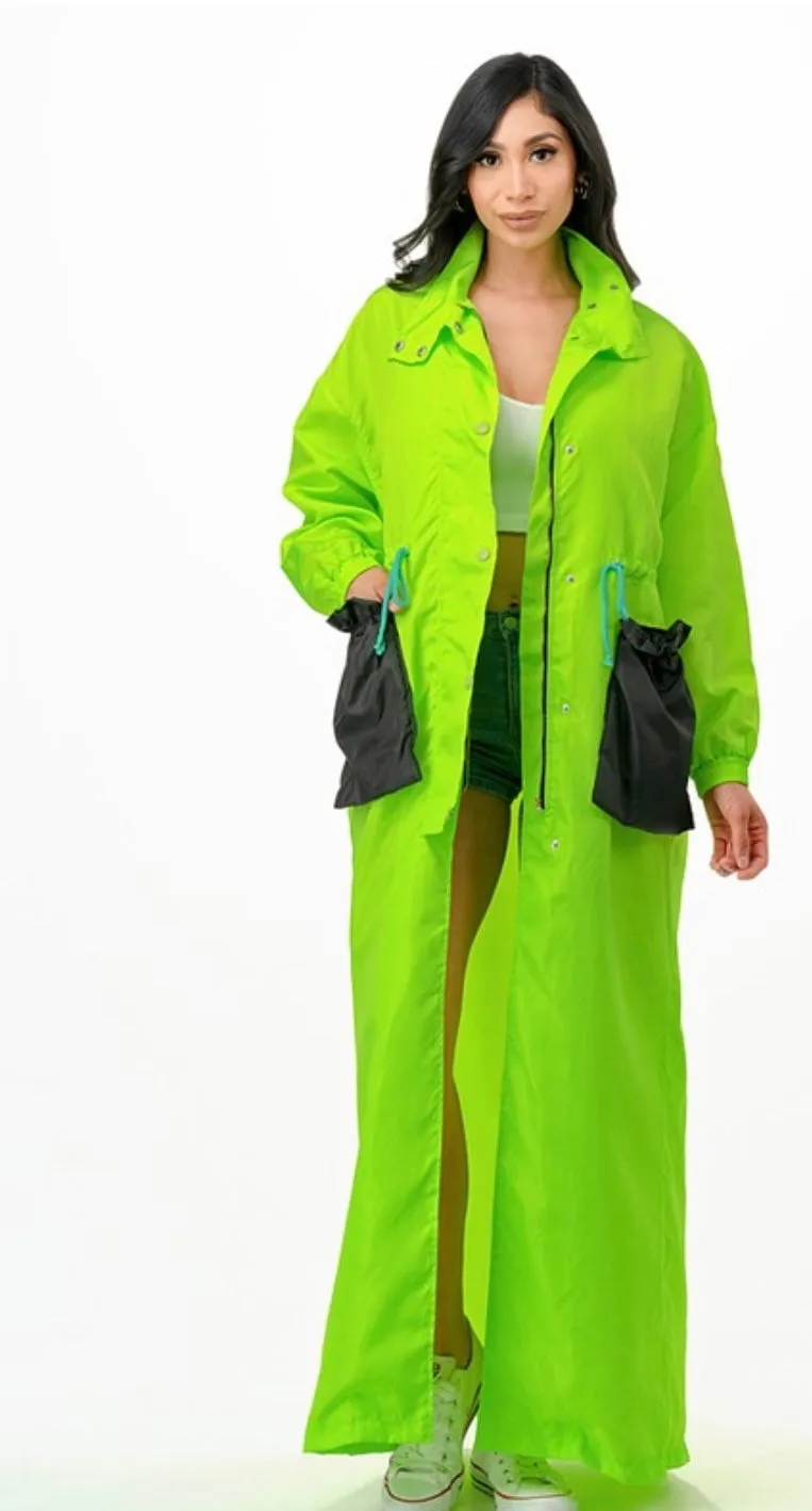 "RETROGRADE" NEON LIME MAXI WINDBREAKER