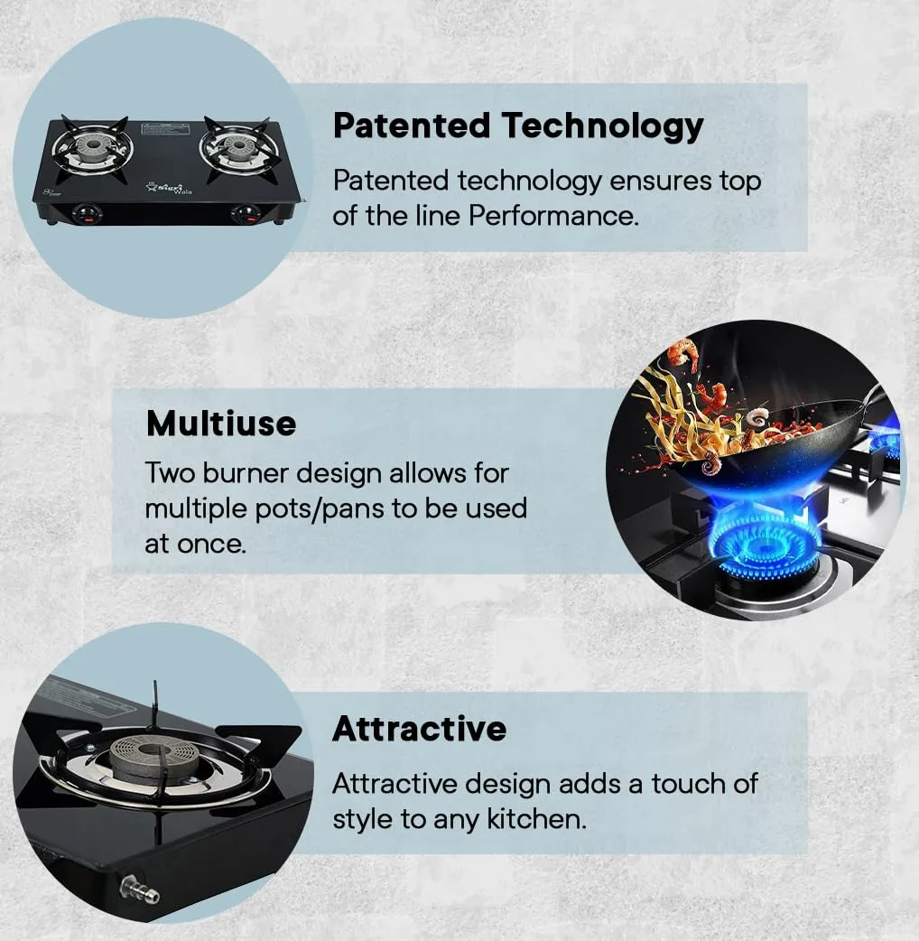 Sigri-wala 2B PNG/CNG Compatible Black Glass Manual Gas Stove (2 Burners)