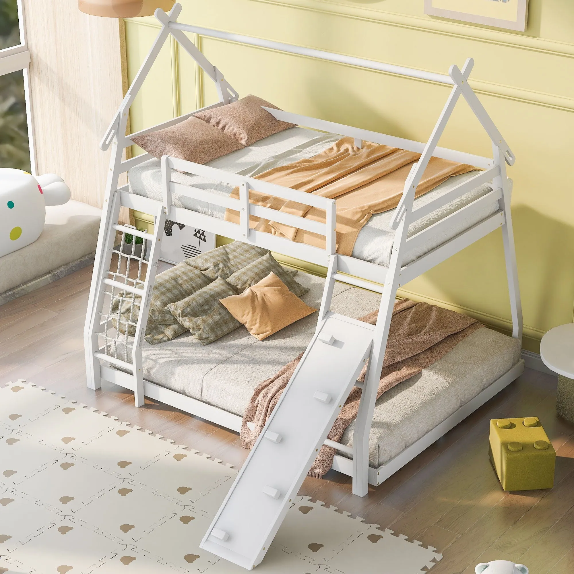 Twin Over Queen House Bunk Bed With Climbing Nets And Climbing Ramp